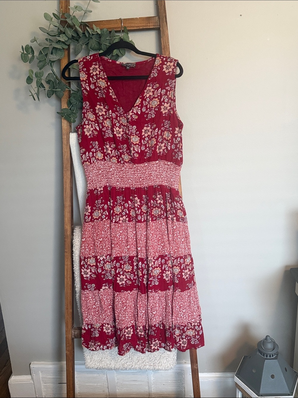J. Jill Red Floral Tiered V‑Neck Midi Dress